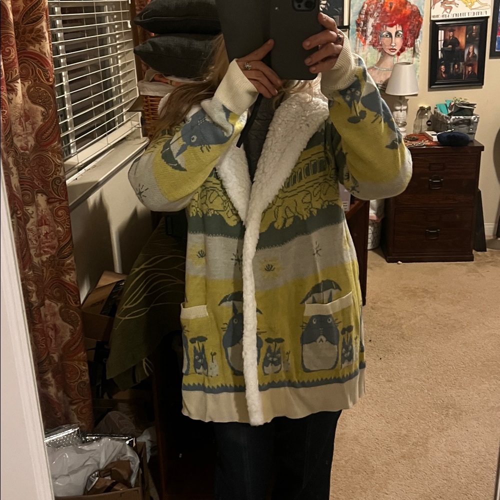 Studio Ghibli My Neighbor Totoro Fair Isle Sherpa Cardigan Yellow Blue hooded - Picture 2 of 8